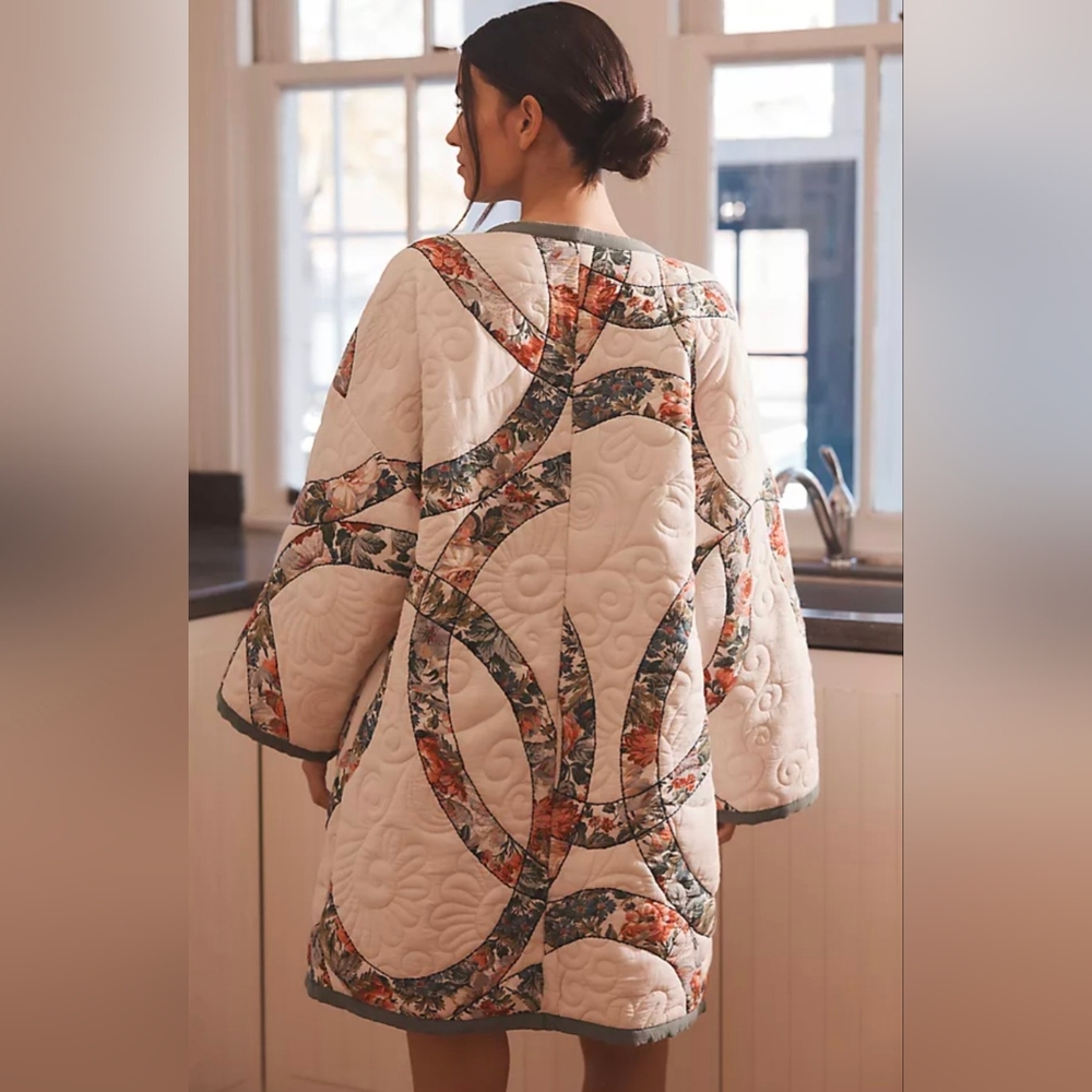 Anthropologie Cream and Green Quilted Robe with Elegant Silhouette